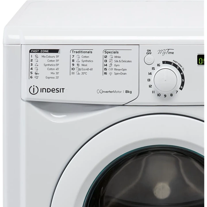 Close up shot of white indesit branded washing machine