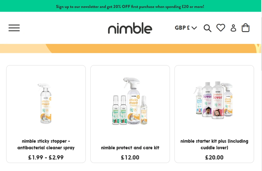 Front-end picture of the Nimble online e-commerce store