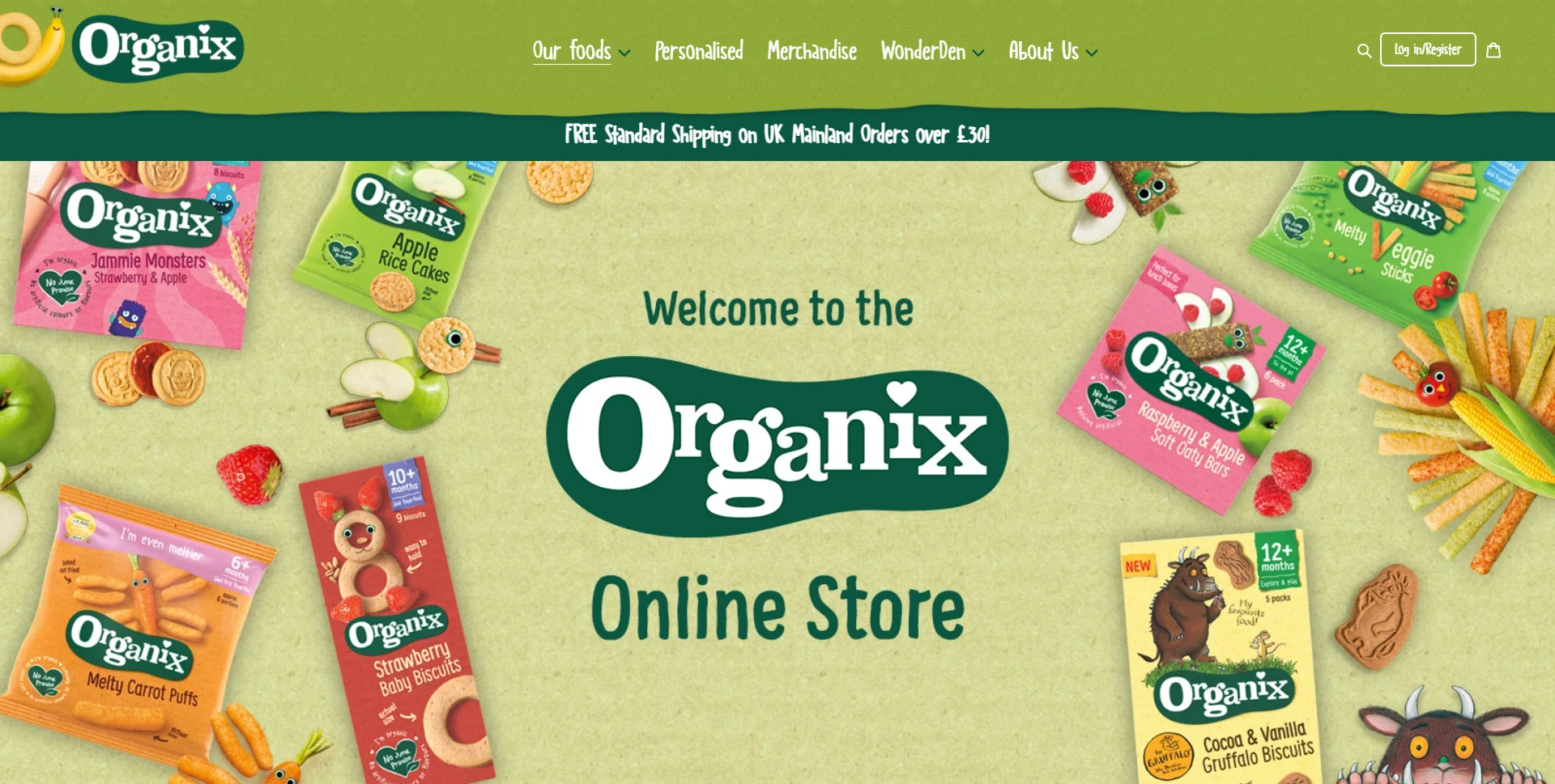 Front end image of the organix commercial website